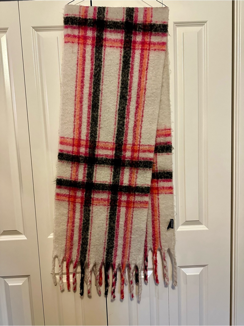 Steve Madden Cream Plaid Scarf with Pink, Orange & Black Stripes